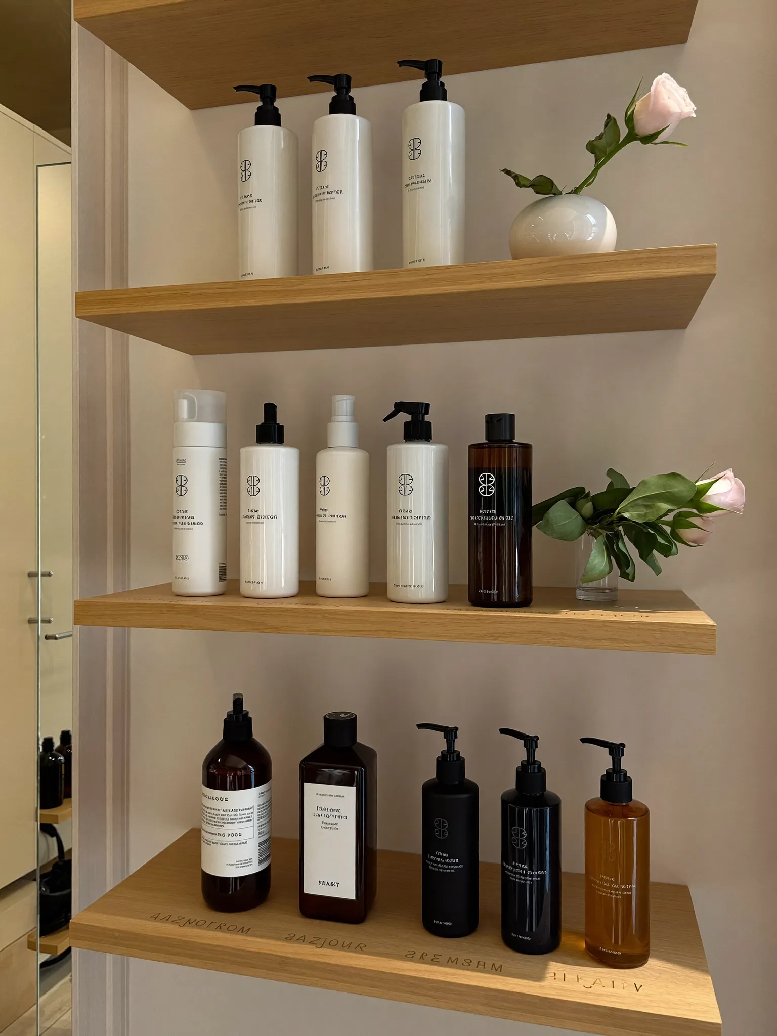 Professional hair care products on warm wood shelves at Kate's Kuts